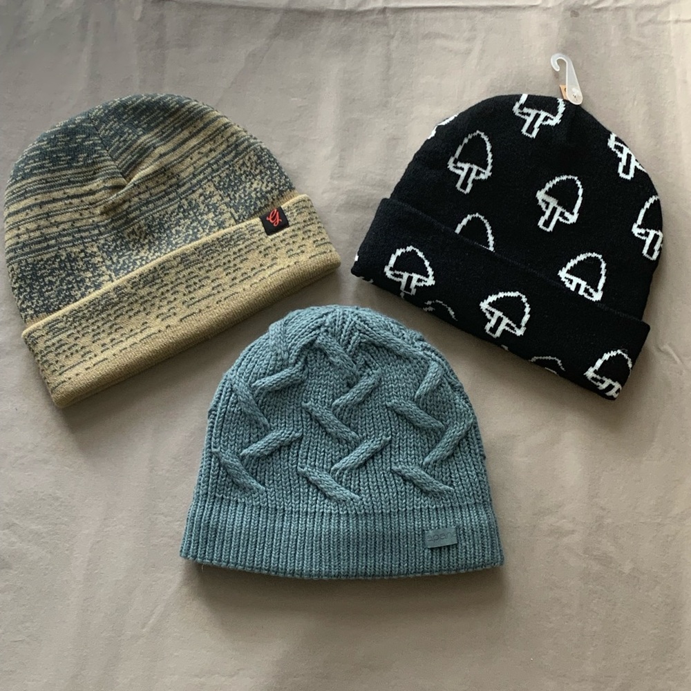 Mushroom Beanie/scull caps. Bundle of 3 assorted, size medium.
